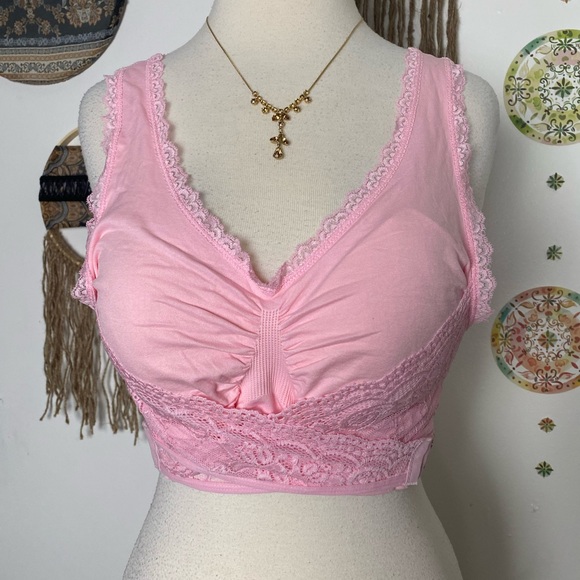 NWOT pink sports bra lace trim front wrap around closure adjustable stretch 2 XL - Picture 3 of 11